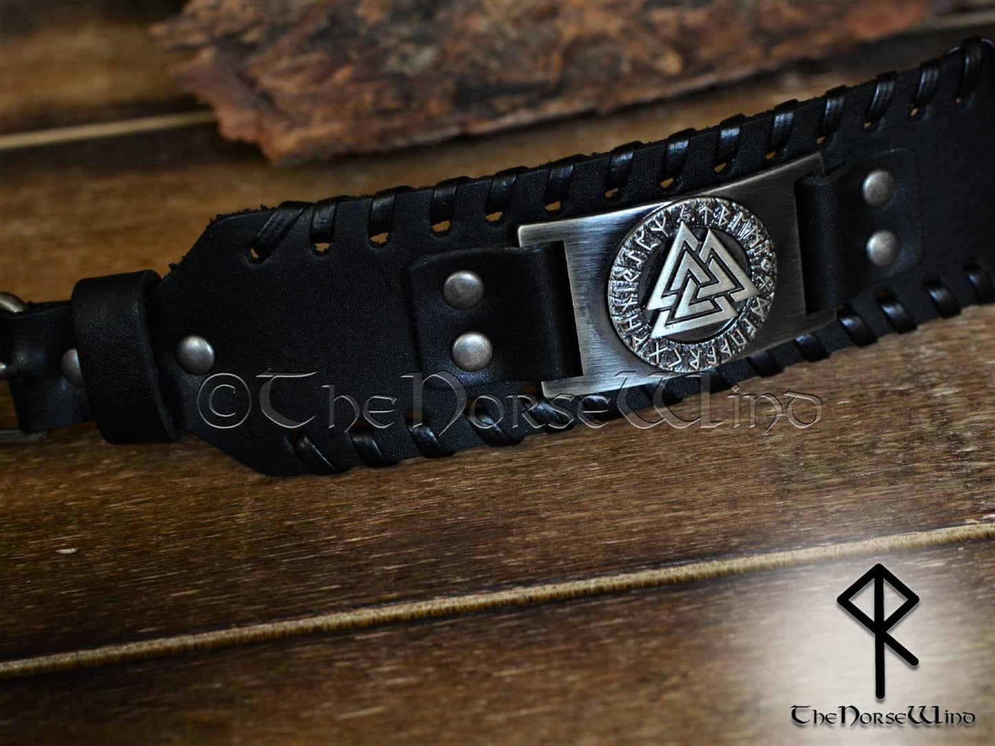 viking Leather Bracelet Valknut Valhalla wristband mens black leather cuff-thenorsewind