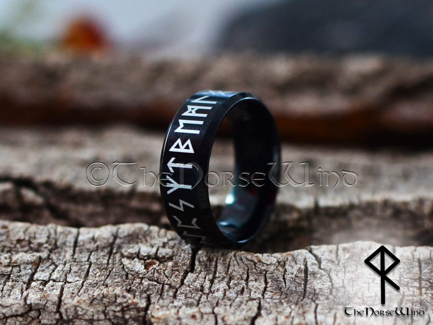 Viking Runes Ring - Black Stainless Steel Futhark Ring - TheNorseWind
