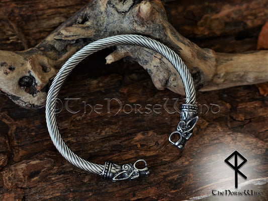 Viking Bracelet Fenrir Wolf Men's Bangle Silver Solid Bjorn Torque TheNorseWind