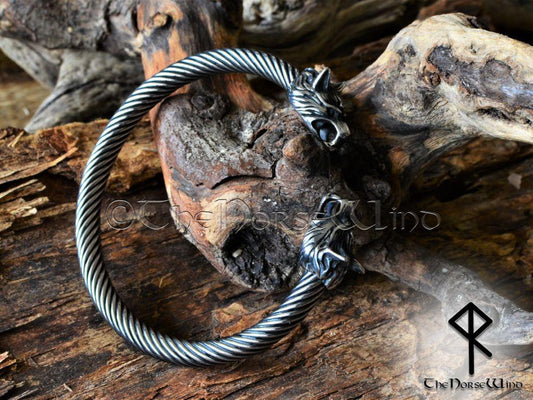 Viking Bracelet Fenrir Wolf Head Arm Ring, Men's Silver Torque - TheNorseWind