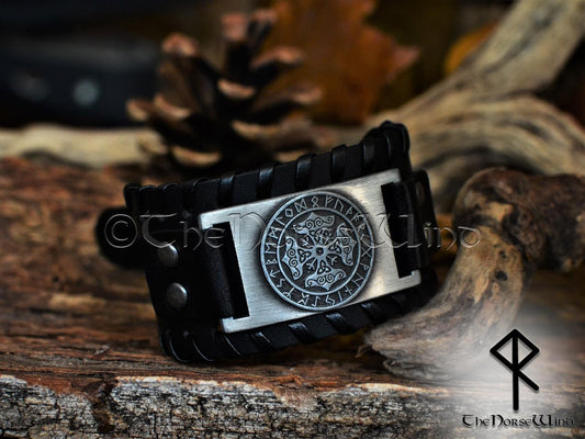 Viking Mjolnir Leather Bracelet - Silver Thor's Hammer Black Wristband - TheNorseWind