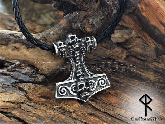 Viking Thor's Hammer Skull Necklace, Norse Mjolnir Pendant - TheNorseWind