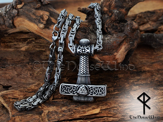Thor's Hammer Viking Necklace, Mjolnir with Valknut Engraving - The Norse Wind