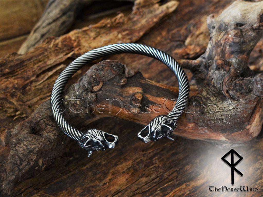 Viking Bracelet Fenrir Wolf Head Arm Ring, Men's Silver Torque - TheNorseWind