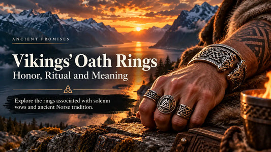 Close-up of a Viking-inspired warrior's hand wearing silver Norse rings and an engraved oath arm ring against a dramatic Scandinavian fjord landscape.