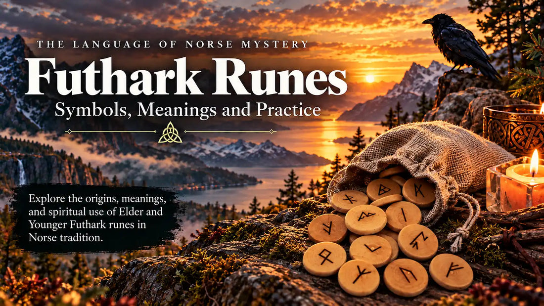Wooden Elder Futhark rune stones spilling from a linen pouch on a rocky Nordic landscape, with a raven, candles and Scandinavian fjord at sunset.