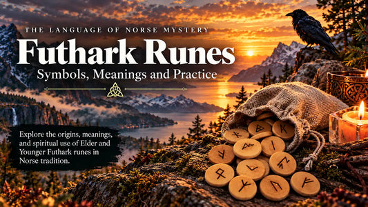 Wooden Elder Futhark rune stones spilling from a linen pouch on a rocky Nordic landscape, with a raven, candles and Scandinavian fjord at sunset.
