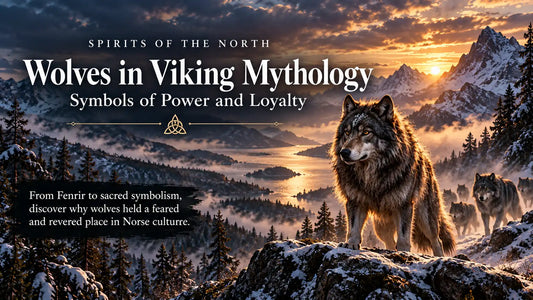 Wolves in Norse mythology featuring a powerful grey wolf representing Fenrir, standing on a snowy mountain above a Scandinavian fjord at sunset.