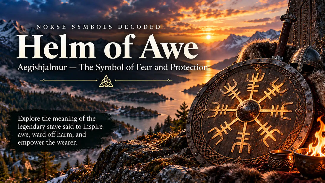 Helm of Awe Ægishjálmur Icelandic magical protection symbol engraved on a Viking-inspired wooden shield overlooking a dramatic Nordic fjord at sunset.