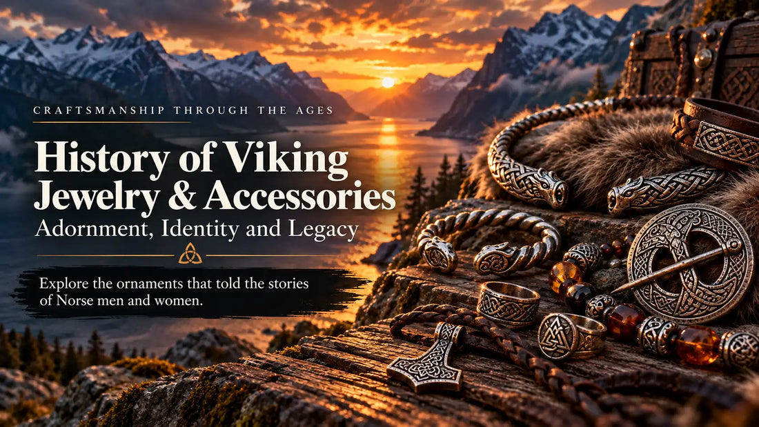 Viking-inspired silver jewelry collection featuring twisted arm rings, Nordic brooches, rings, beads and Mjölnir pendants overlooking a Scandinavian fjord.