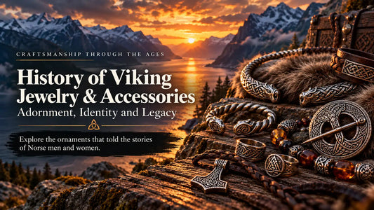 Viking-inspired silver jewelry collection featuring twisted arm rings, Nordic brooches, rings, beads and Mjölnir pendants overlooking a Scandinavian fjord.