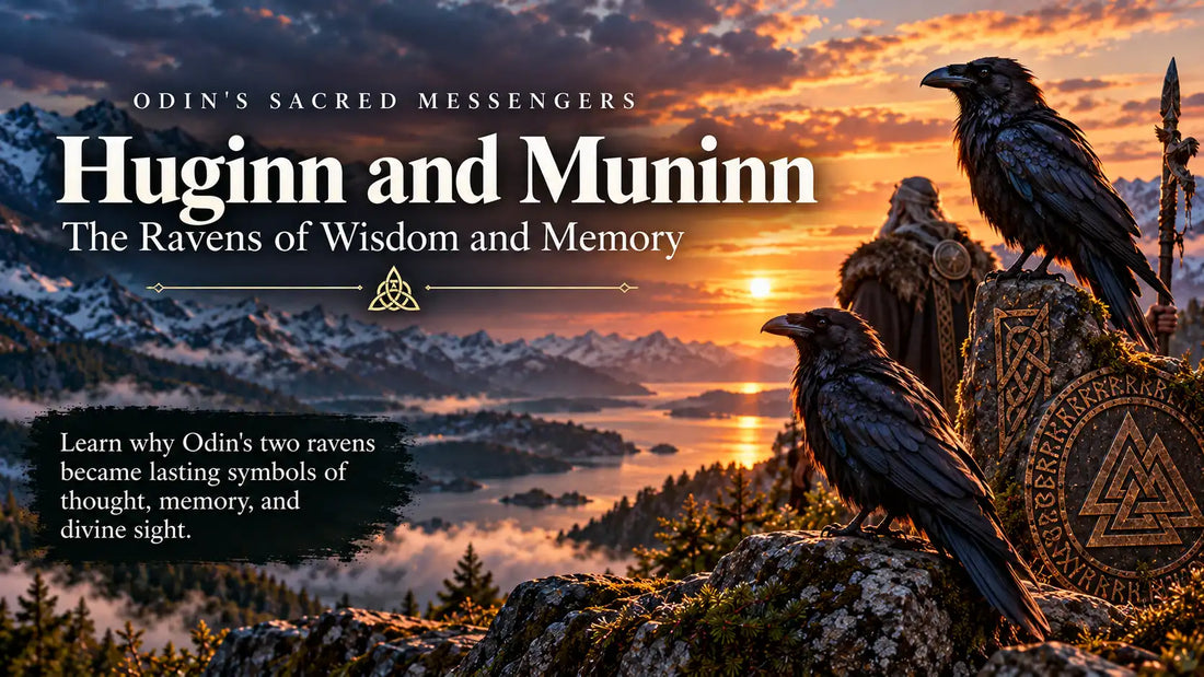 Huginn and Muninn, Odin's two ravens in Norse mythology, perched on Nordic rocks overlooking a fjord, symbolizing thought, memory and wisdom.