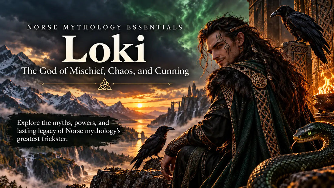 Loki, the Norse god of mischief and trickery, portrayed with long dark hair, Viking clothing, a raven and serpent against a dramatic Nordic landscape.