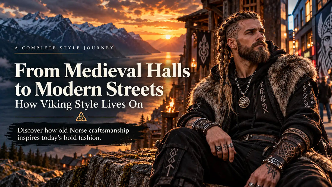 Modern Viking-inspired man with braided hair, Norse jewelry and black streetwear against a medieval Norse hall and contemporary city backdrop.