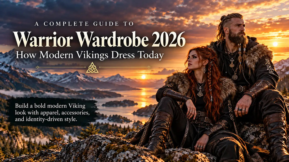 Modern Viking fashion for men and women featuring Norse-inspired clothing, fur-trimmed outfits, Viking jewelry and accessories in a Nordic landscape.