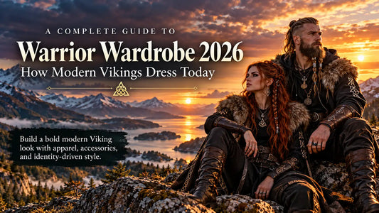 Modern Viking fashion for men and women featuring Norse-inspired clothing, fur-trimmed outfits, Viking jewelry and accessories in a Nordic landscape.