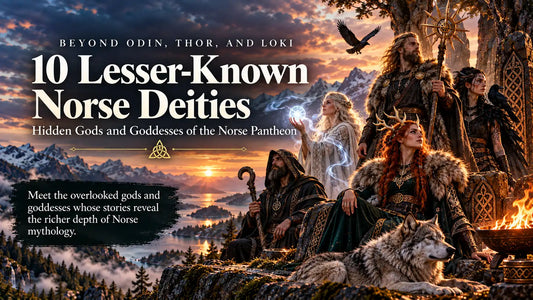 Lesser-known Norse gods and goddesses illustrated as a gathering of Viking-inspired mythological figures in a majestic Nordic landscape at sunset.