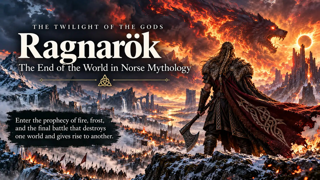 Ragnarök, the end of the world in Norse mythology, depicting a Viking warrior witnessing a fiery apocalyptic battle and a giant wolf above the burning landscape.