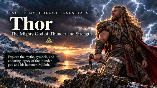 Thor, Norse god of thunder and strength, holding his mighty hammer Mjölnir beneath lightning-filled skies above a dramatic Scandinavian mountain landscape.