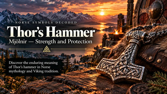 Ornate silver Thor's Hammer Mjölnir pendant with Nordic knotwork resting on weathered wood, overlooking a Scandinavian fjord at sunset.