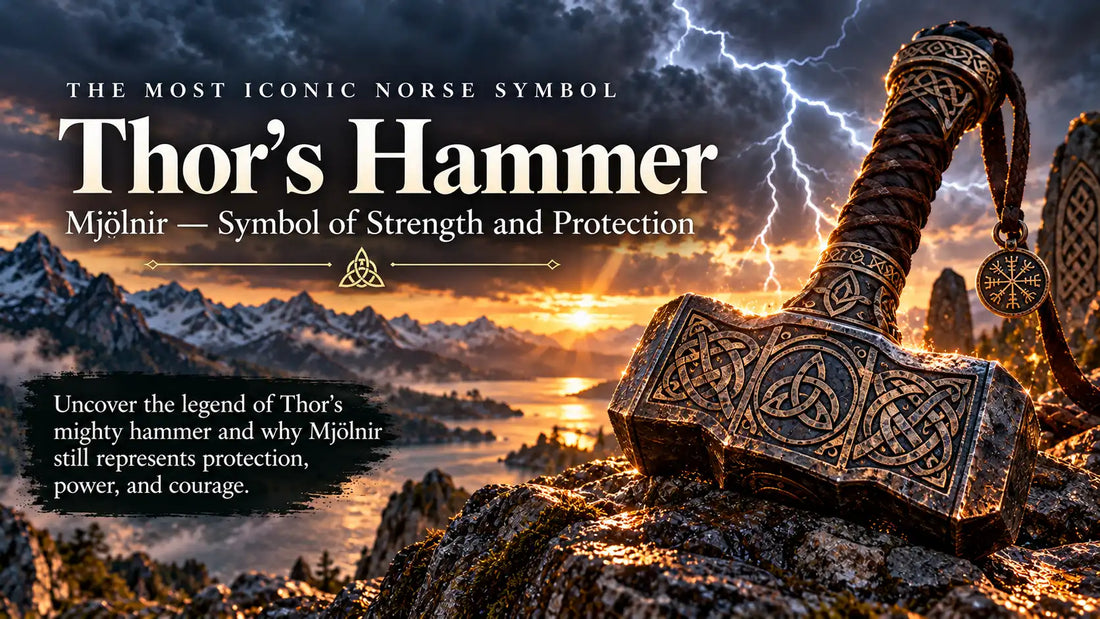 Thor's Hammer Mjölnir, a powerful Norse symbol of strength and protection, illustrated as an engraved Viking hammer beneath a stormy Scandinavian sky.