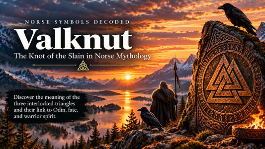 Valknut symbol of three interlocking triangles carved into a Norse runestone overlooking a Scandinavian fjord, with a Viking warrior and ravens at sunset.