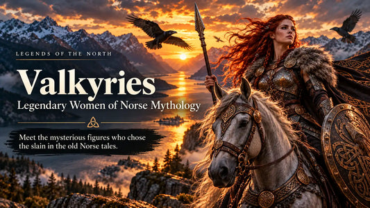 Red-haired Valkyrie warrior woman riding a white horse, holding a spear and ornate shield above a Nordic fjord at sunset, surrounded by ravens.