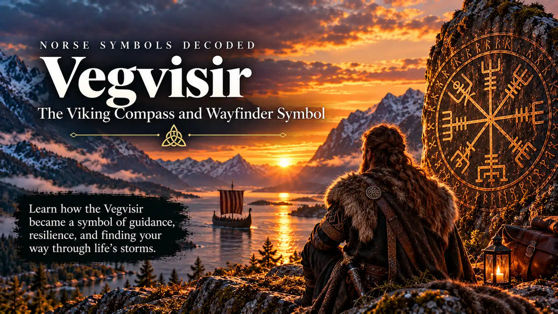 Vegvisir Icelandic magical wayfinder symbol carved into a runestone beside a Viking-inspired traveler overlooking a fjord and longship at sunset.