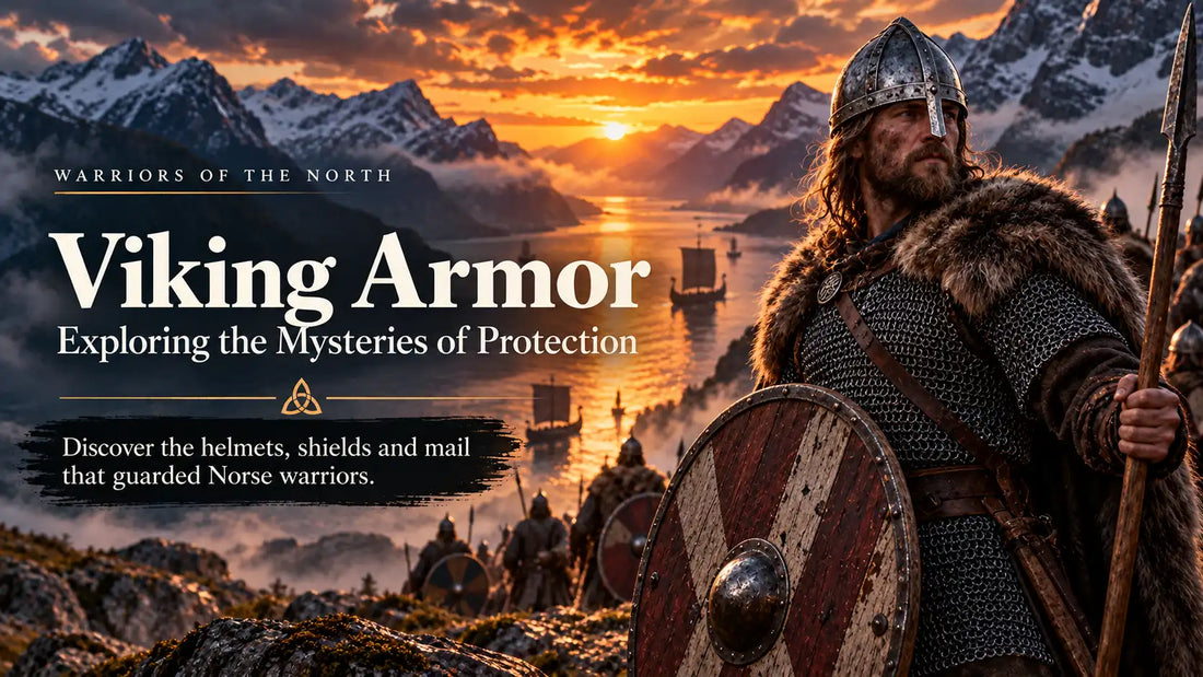 Viking warrior wearing a chainmail shirt and iron helmet, carrying a wooden round shield and spear overlooking a Scandinavian fjord at sunset.