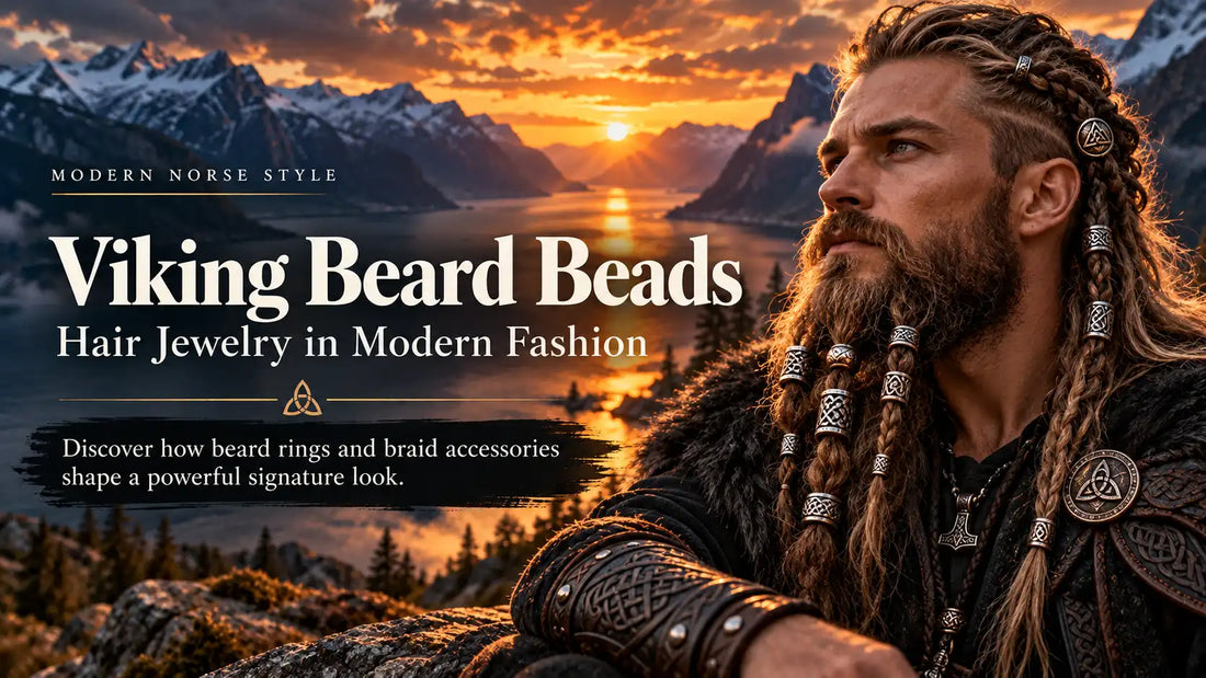 Bearded Viking-inspired man with braided hair and beard decorated with engraved silver beard beads and Nordic jewelry against a Scandinavian fjord at sunset.