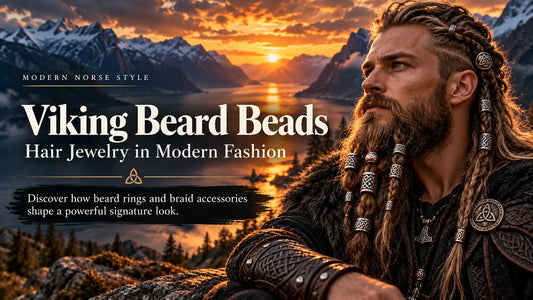 Bearded Viking-inspired man with braided hair and beard decorated with engraved silver beard beads and Nordic jewelry against a Scandinavian fjord at sunset.