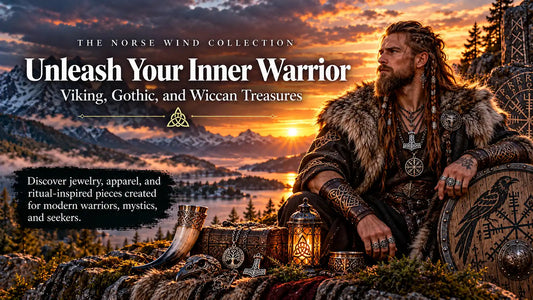 Viking-inspired warrior wearing Norse jewelry and surrounded by Gothic accessories, rune-inspired treasures and ritual decor overlooking a Scandinavian fjord.