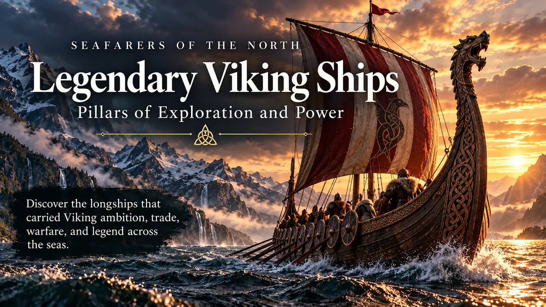 Legendary Viking longship with carved dragon prow, striped sail and Viking warriors sailing through a dramatic Scandinavian fjord at sunset.