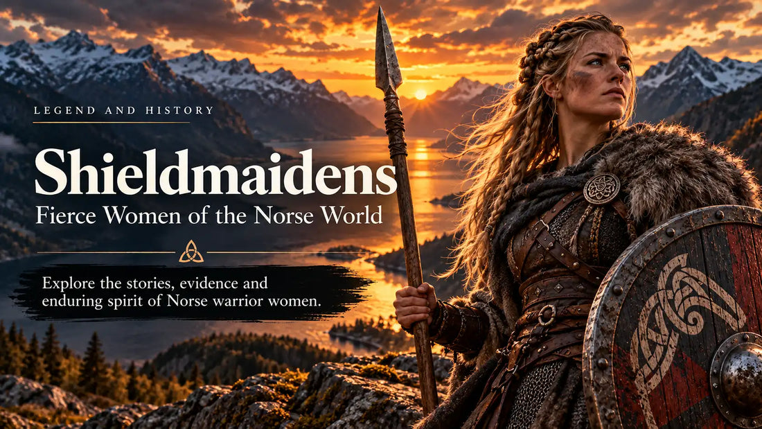 Viking-inspired shieldmaiden with braided hair, chainmail, fur cloak, spear and round shield overlooking a dramatic Norwegian fjord at sunset.