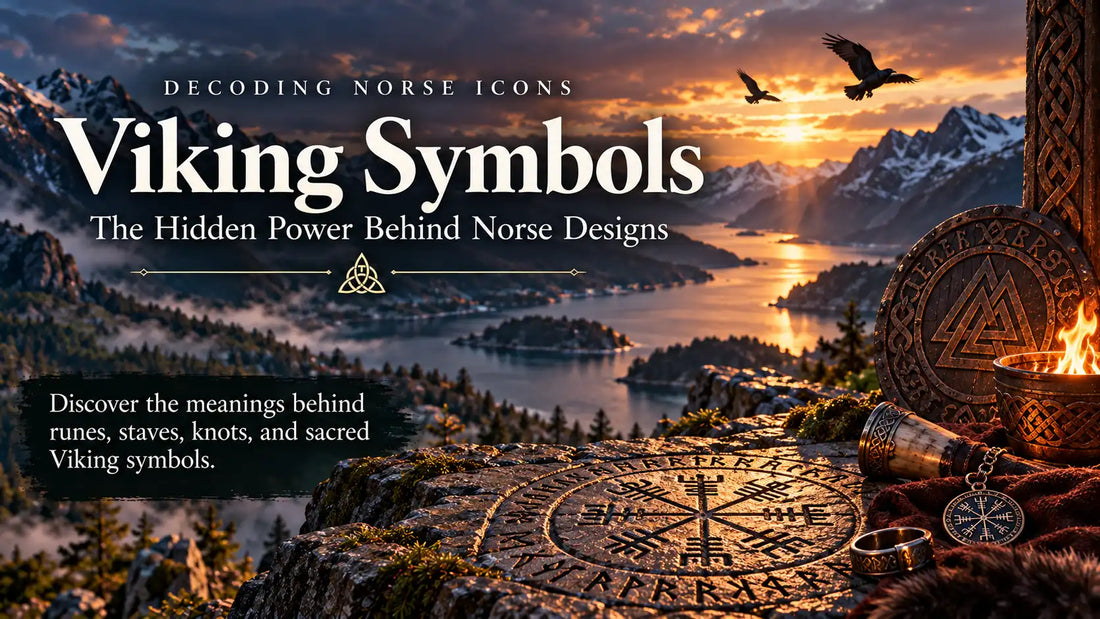 Viking symbols and their meanings illustrated with Norse runes, Vegvisir compass, Valknut, Viking jewelry and ravens overlooking a Scandinavian fjord.