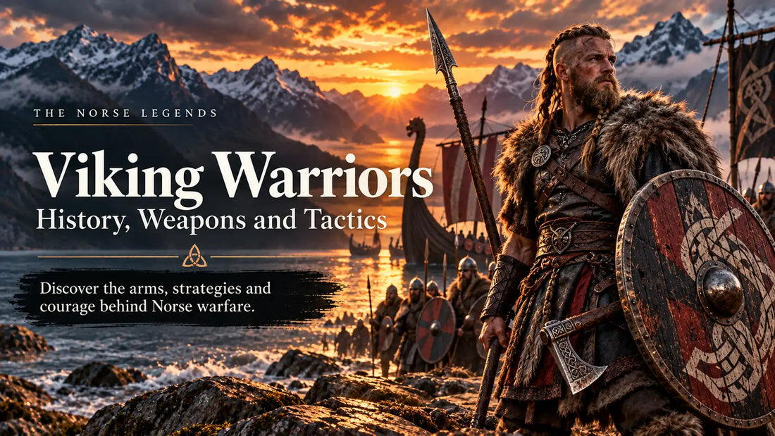 Viking warrior holding a spear and round shield with an axe at his waist, surrounded by Norse fighters and longships on a Scandinavian coastline at sunset.