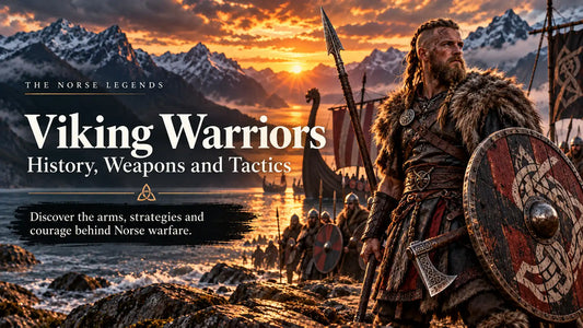 Viking warrior holding a spear and round shield with an axe at his waist, surrounded by Norse fighters and longships on a Scandinavian coastline at sunset.