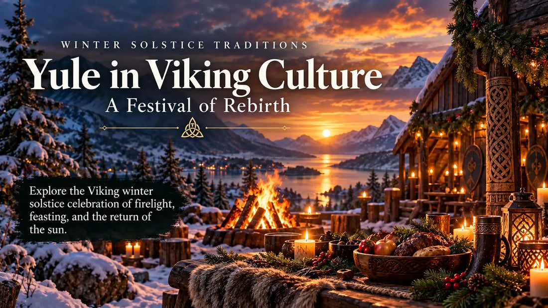 Viking Yule winter celebration featuring a traditional Norse longhouse, glowing bonfire, candles, evergreen decorations and a feast in a snowy landscape.
