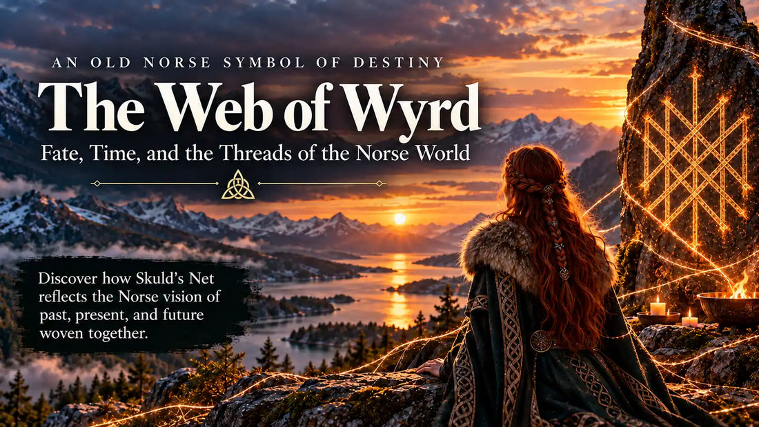 Web of Wyrd Norse symbol of fate and destiny illustrated with glowing interwoven threads, a Viking shieldmaiden and a runestone overlooking a Nordic fjord.