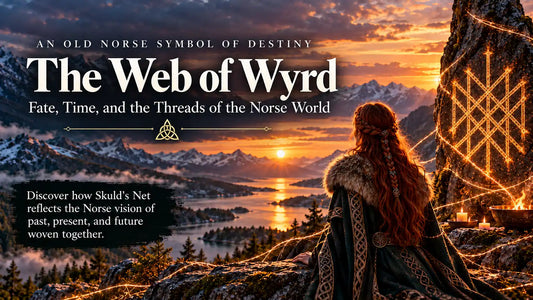 Web of Wyrd Norse symbol of fate and destiny illustrated with glowing interwoven threads, a Viking shieldmaiden and a runestone overlooking a Nordic fjord.