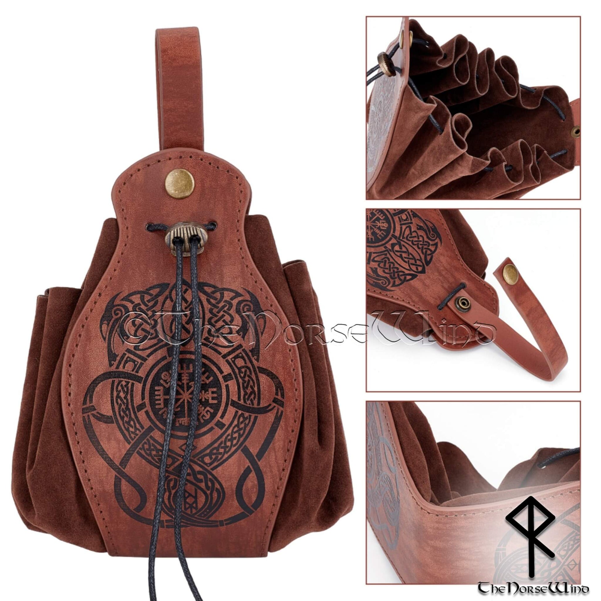 brown leather dragon backpack Celtic Dragon & Vegvisir Viking Leather Belt Pouch Bag