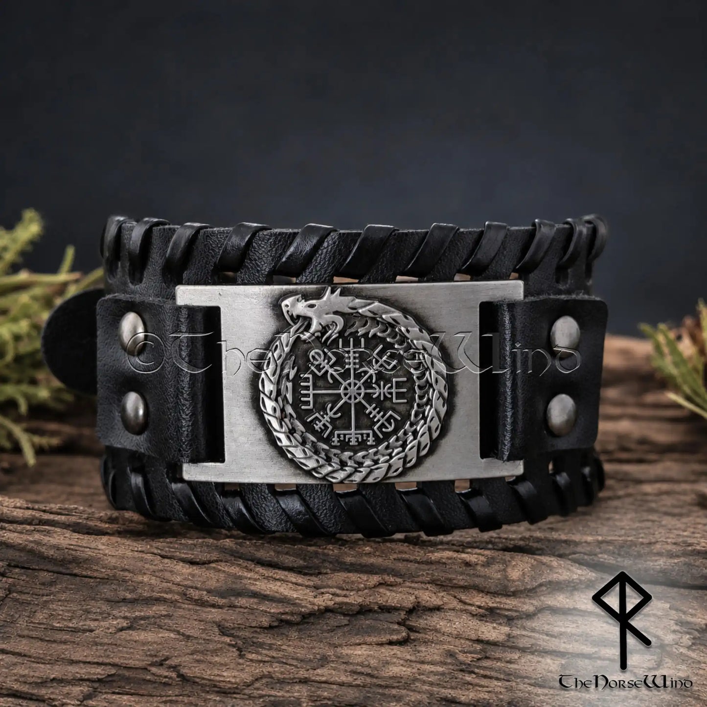 Black Vegvisir Jormungandr Viking leather bracelet with silver-tone World Serpent