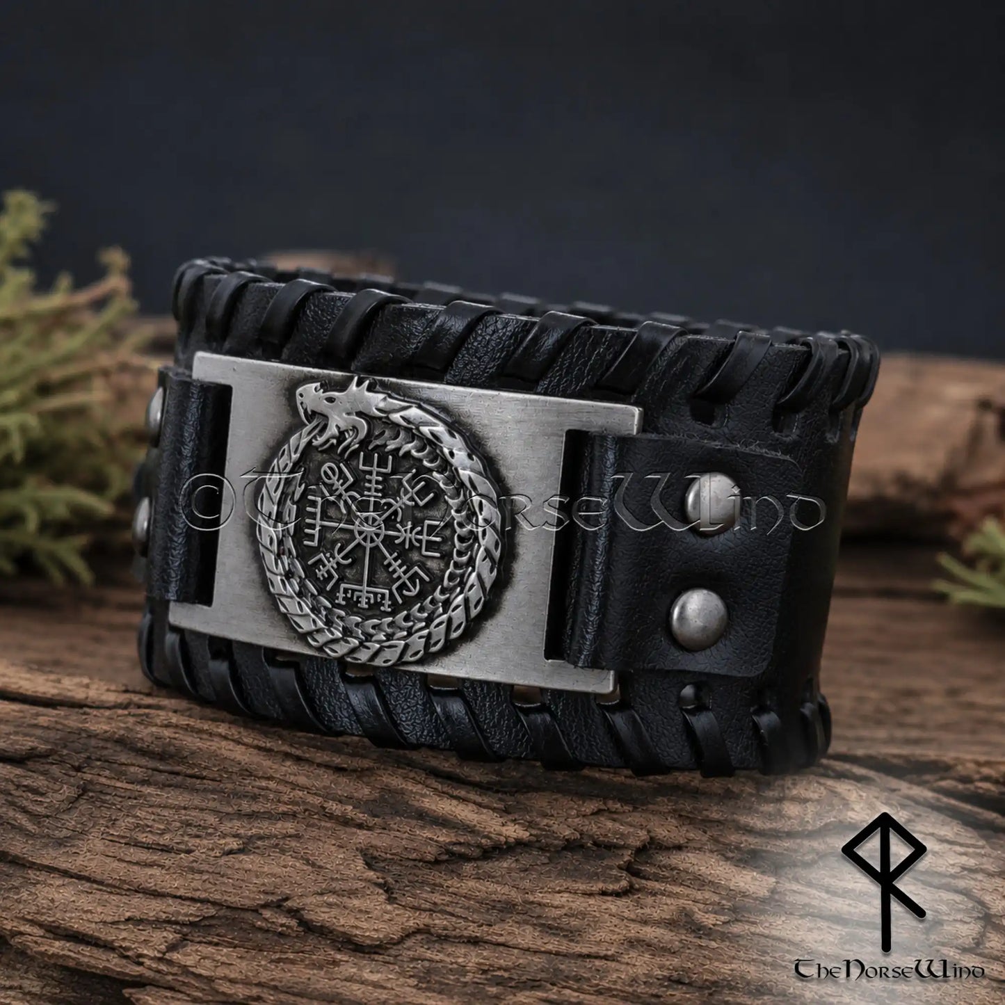Vegvisir Viking Bracelet with Jormungandr Midgard Serpent in Black Leather and Silver