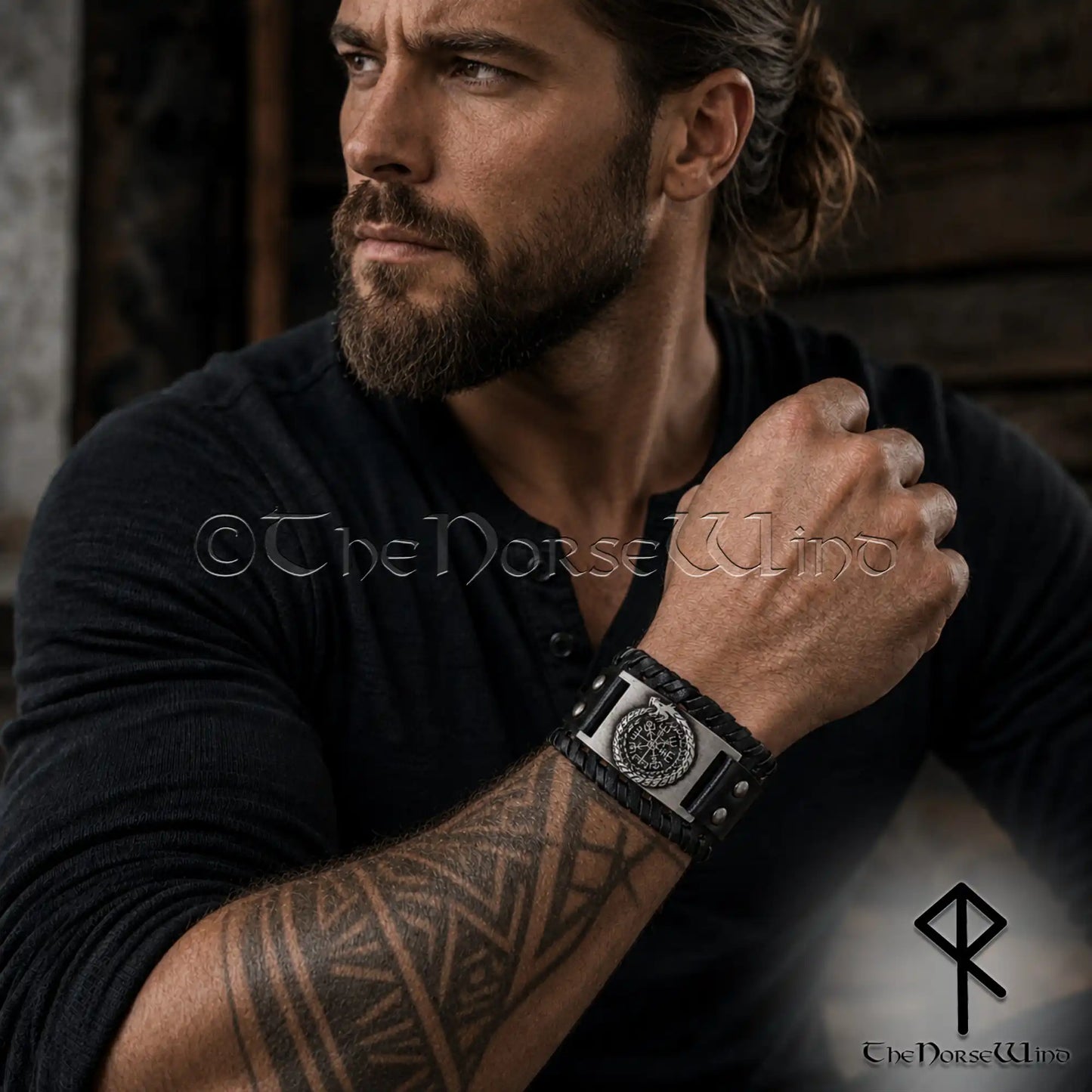 Wide black Viking leather cuff with Jormungandr and Vegvisir symbol
