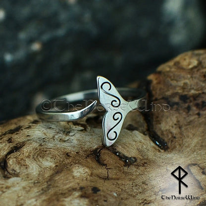 Norse Whale Tail Ring - Stainless Steel Adjustable Women's Viking Jewelry