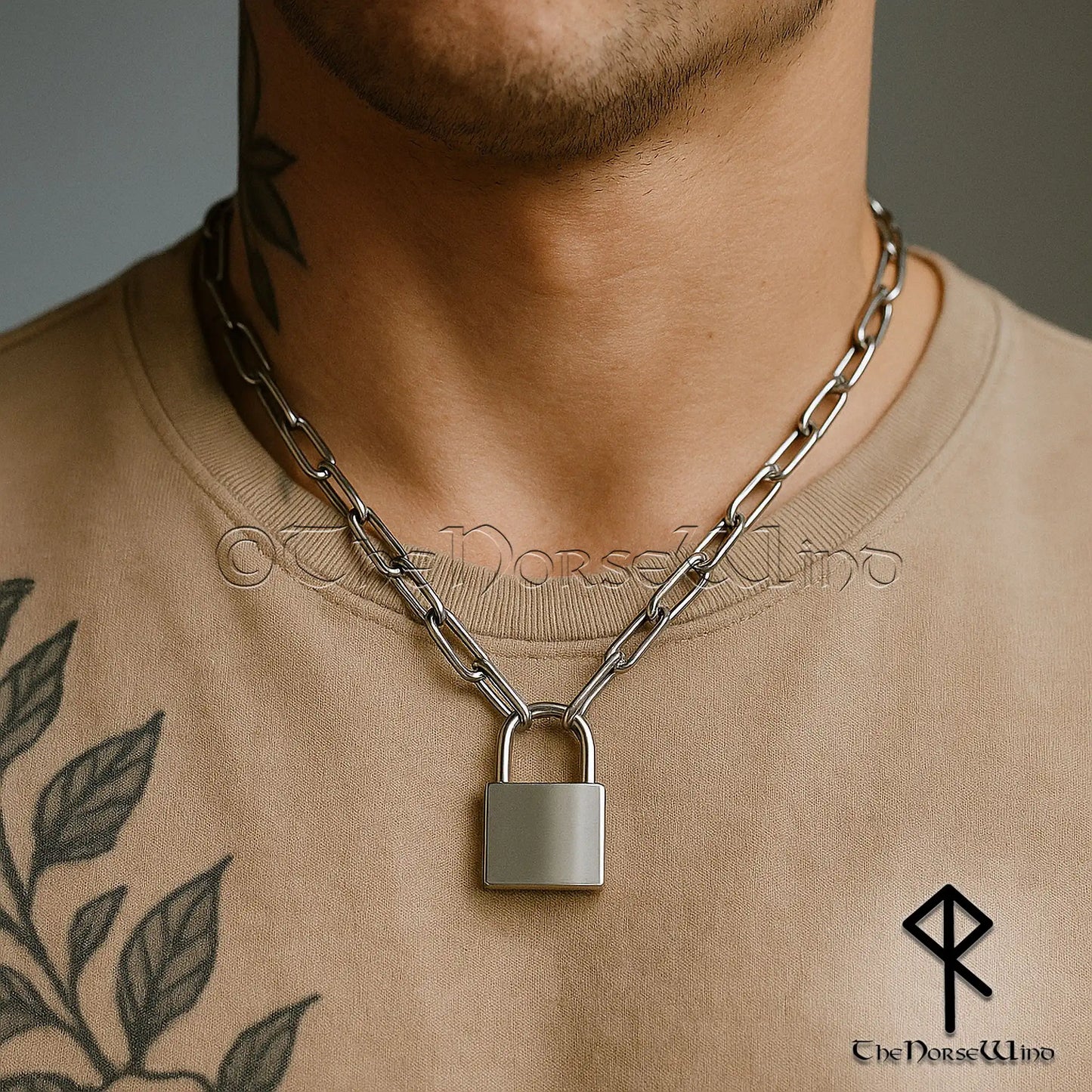 Mens Padlock Necklace – 316L Stainless Steel Industrial Paperclip Chain