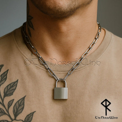Mens Padlock Necklace – 316L Stainless Steel Industrial Paperclip Chain