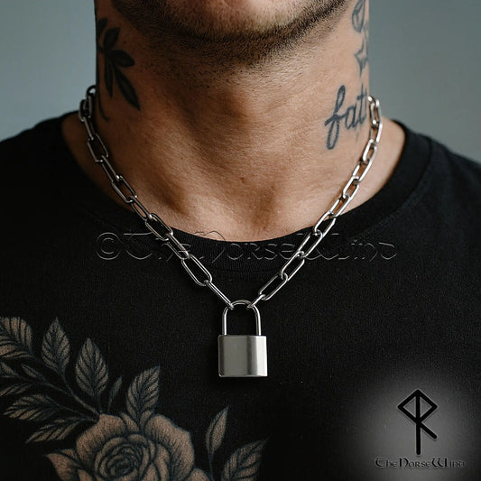 Mens Padlock Necklace – 316L Stainless Steel Industrial Paperclip Chain
