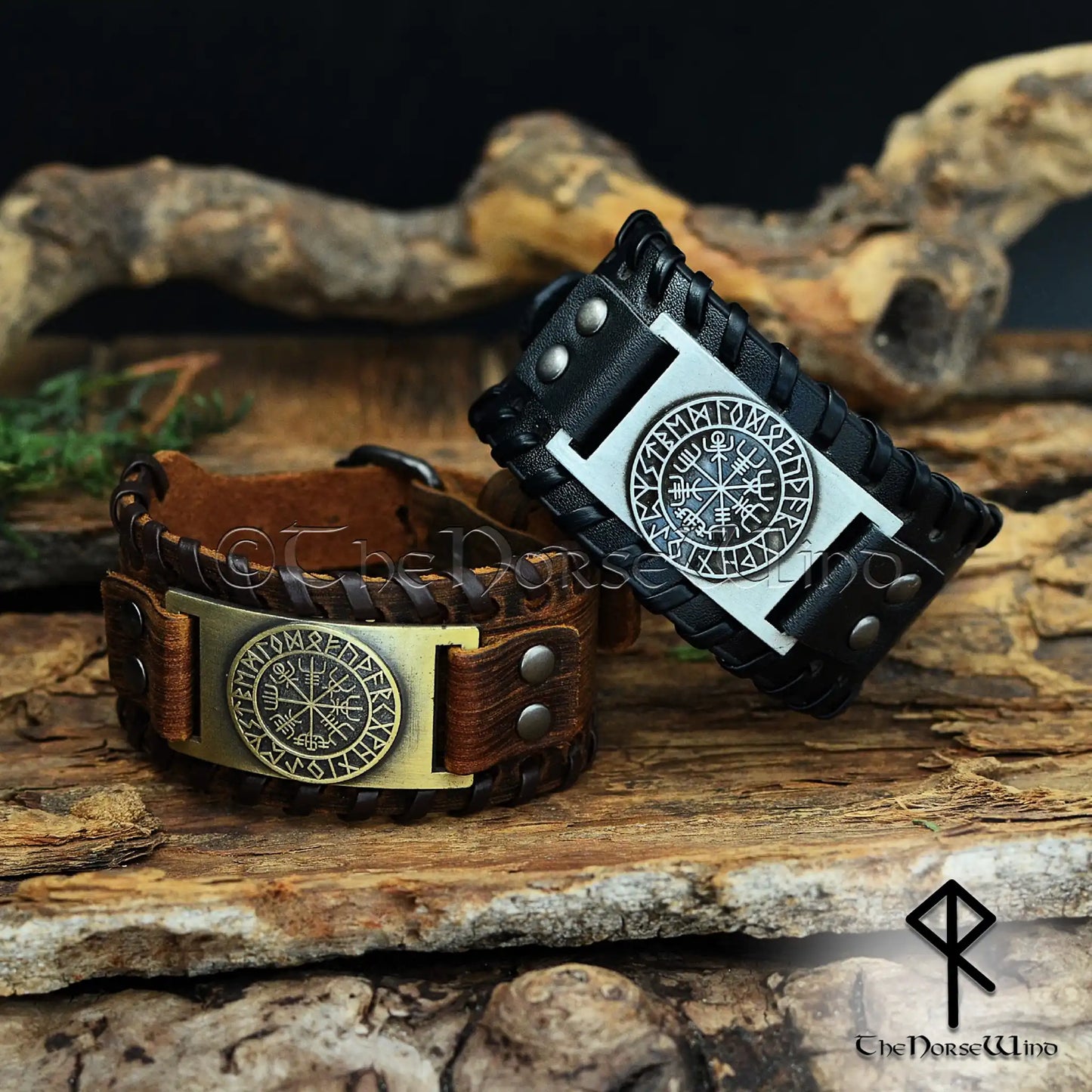 Viking Vegvisir Leather Bracelet - Handcrafted Wide Wristband with Elder Futhark Runes