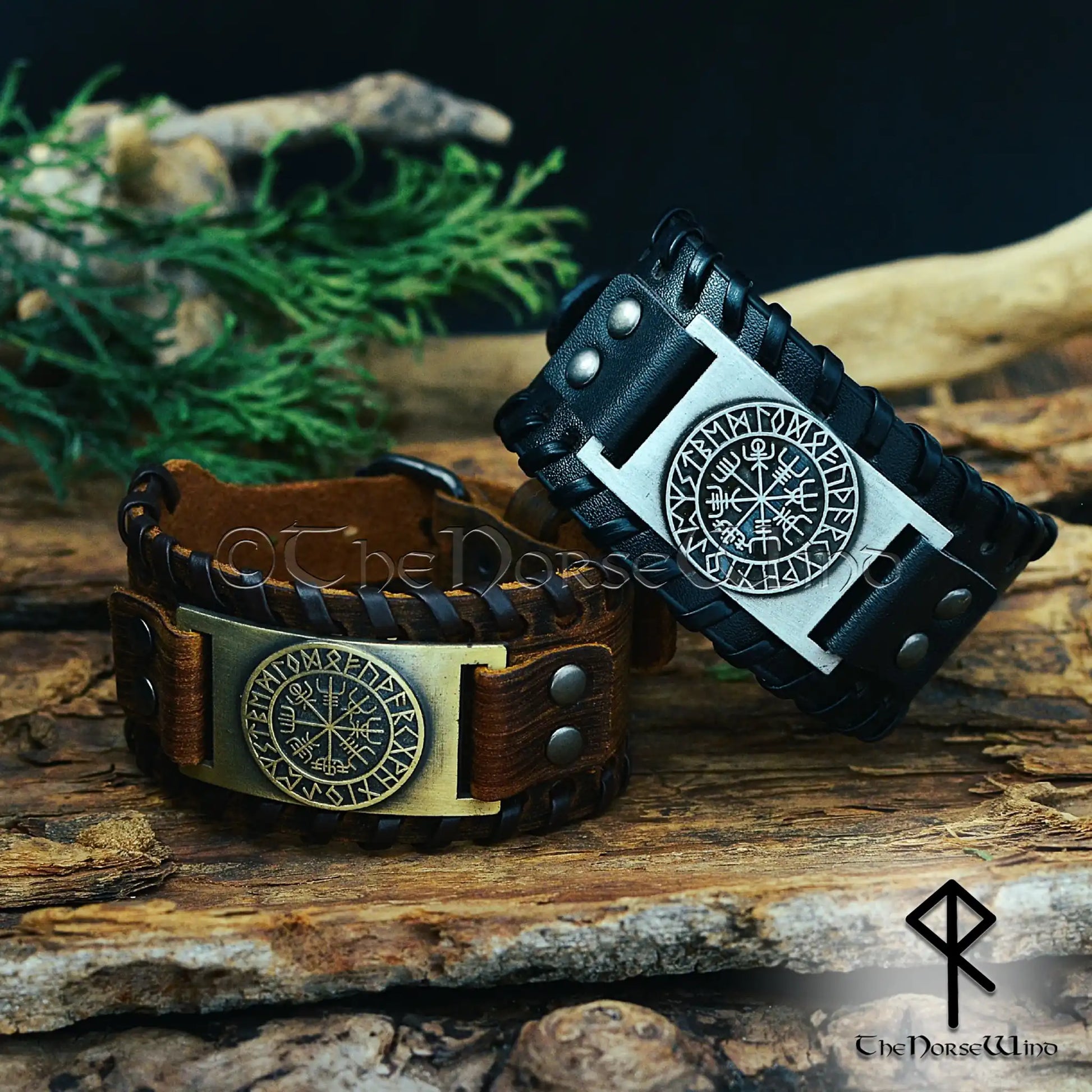 Viking Vegvisir Leather Bracelet - Handcrafted Wide Wristband with Elder Futhark Runes